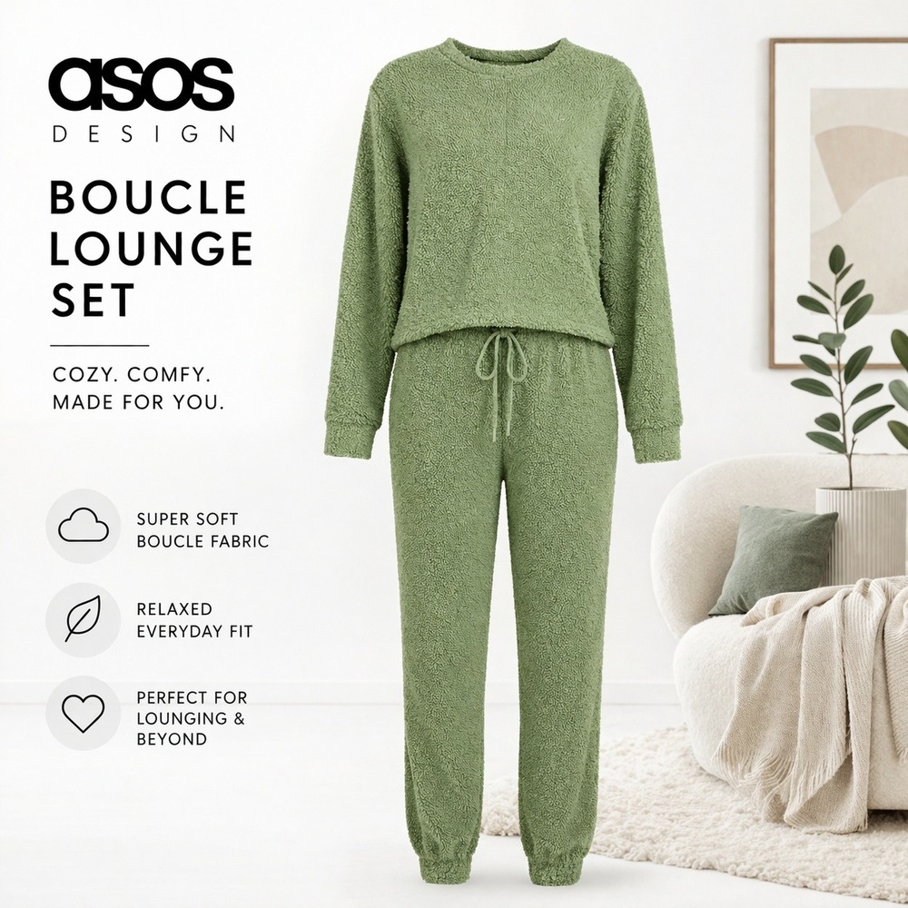 ASOS DESIGN Womens Sage Green Borg Fleece 2 Piece Lounge Set Size US 4 102645249